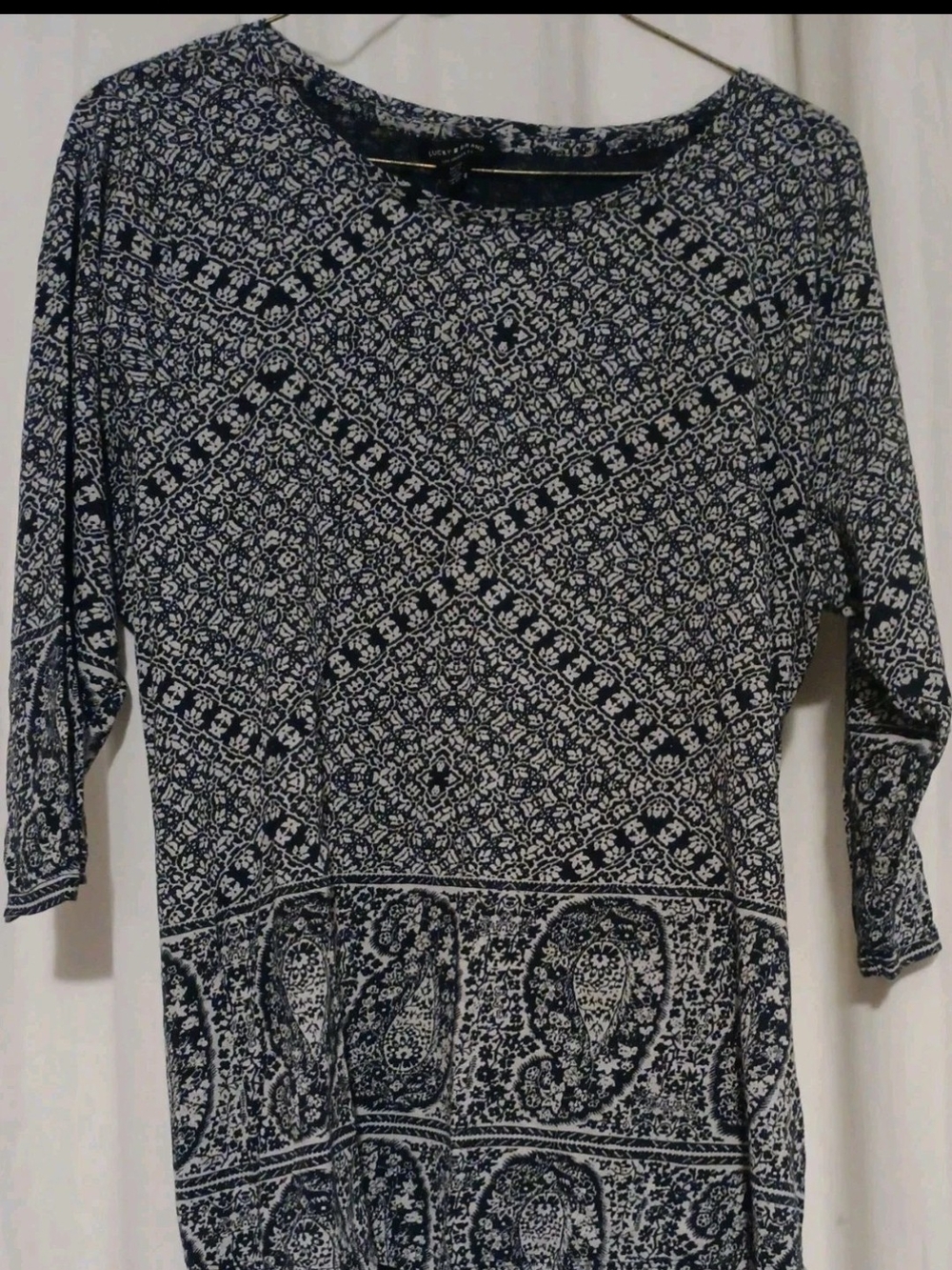 Lucky Brand Navy and White Printed Long Sleeve Top